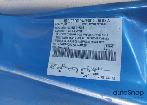 1998 Ford Mustang z USA, uszkodzony, nr VIN 1FAFP4043WF168128